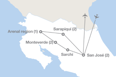 map depicting destinations in Costa Rica