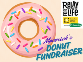 Graphic of a doughnut with pink icing and sprinkles with writing that says Maverick's Donut Fundraiser plus the Relay for Life logo