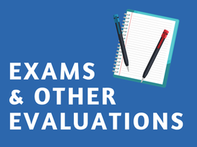 Exams and other evaluations with a graphic of a lined notebook and pens