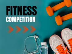 Weights, runners and a water bottle on a teal background with the words Fitness Competition