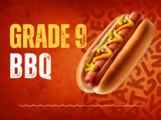 Image of a hotdog on an orange background with the words Grade 9 BBQ
