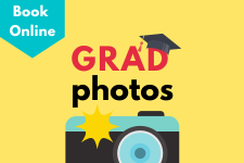 Colourful image of a camera that says Grad photos, book online