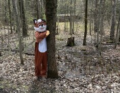 SCHS mascot Stormy the Fox hugs a tree at Macskimming Outdoor Centre