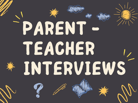 White letters spell out Parent-Teacher Interviews against a dark gray background with blue and yellow doodles
