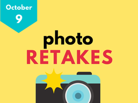 A colourful camera on a yellow background with the words Photo retakes October 9