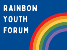 A rainbow on a dark blue background with the words Rainbow Youth Forum in white.
