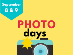 graphic of a camera on a yellow background with the words Photo days, September 8 & 9