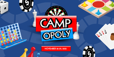 Images from various board games on a blue background with the words Camp-opoly, Nov. 28-29