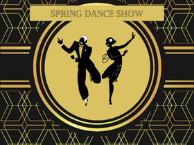 black background with gold art deco style accents and a couple dancing the Charleston