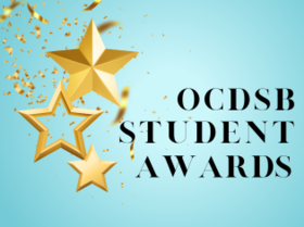 Gold stars and confetti on a pale blue background with the words OCDSB Student Awards