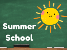 A green chalkboard featuring a sun graphic and the words Summer School