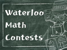 Blackboard with math graphics outlined in white and white lettering saying Waterloo Math Contests